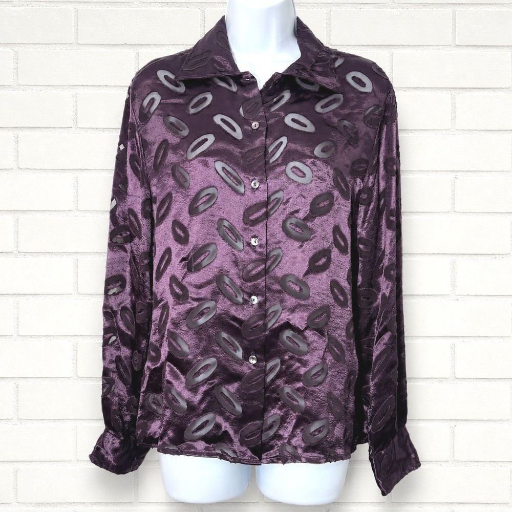 Womens Satin Burnout Top Medium Italy 44 Sheer Evening Dark Romantic Luxe Blouse